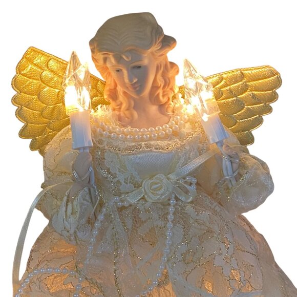 Vtg Light-Up Angel Tree Topper Gold Wings & Lace Dress 10.5” Lights - Picture 2 of 9